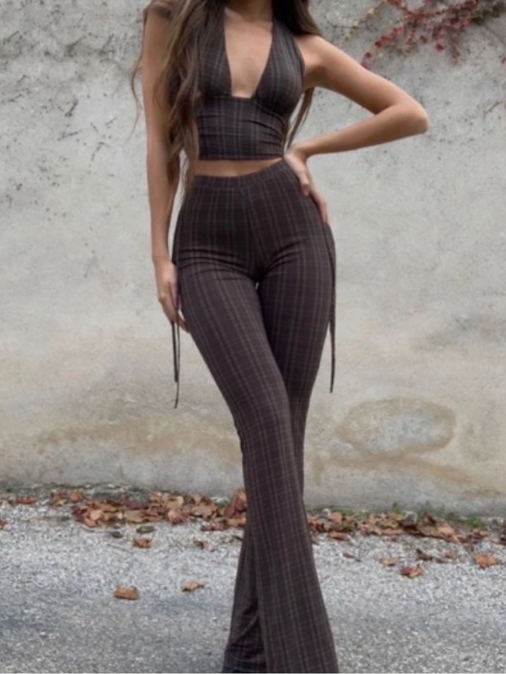 Tiger Mist Brown Plaid High-Waist Flare Pants